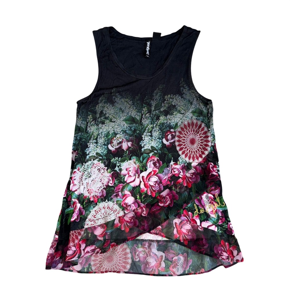 Desigual Floral Tank Top Women Small Black Pink Excellent Asymmetrical Layered